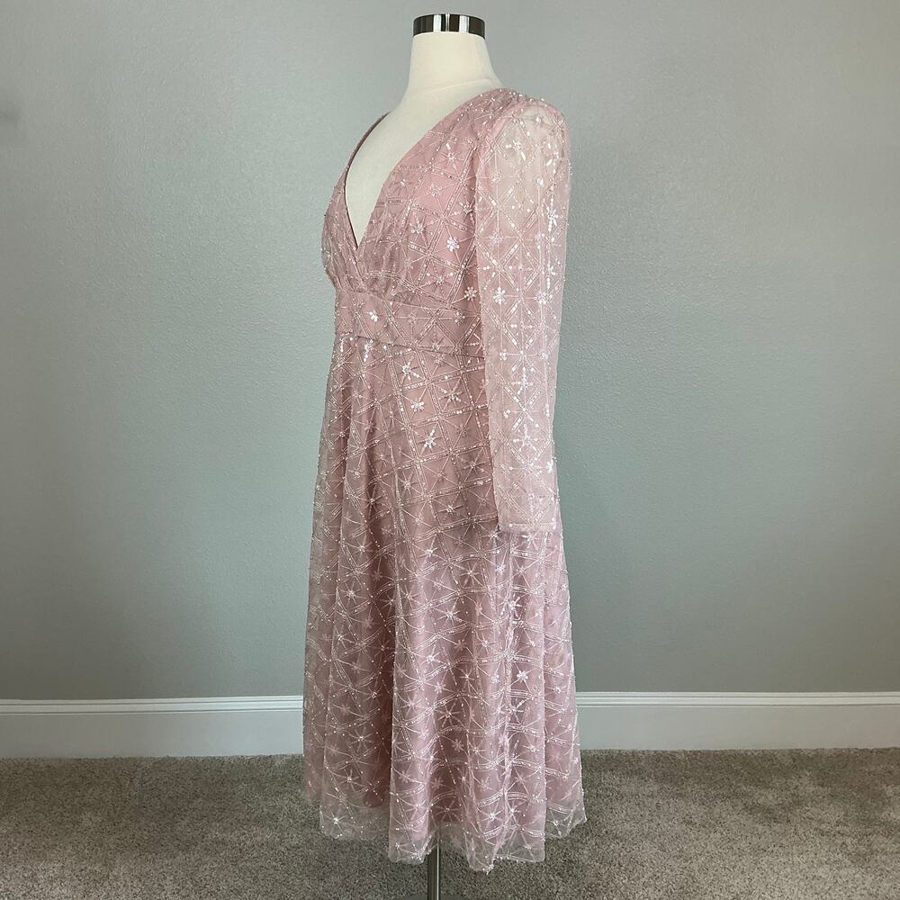 Mac Duggal 68003 Pink Cocktail Dress Sequined Long Sleeve A-Line Midi Size 18 - Picture 5 of 13